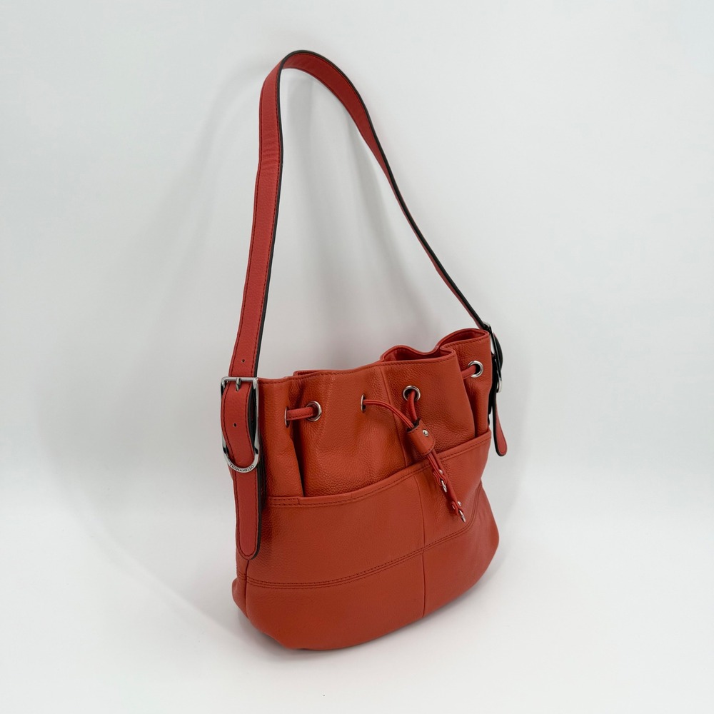 Tignanello Leather Drawstring Bucket Hobo Orange Shoulder Bag